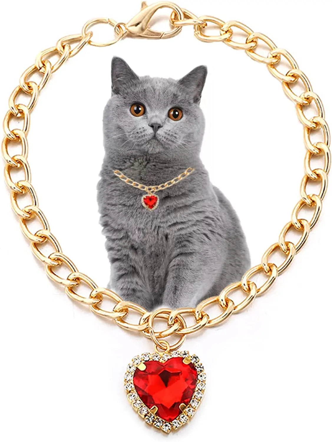 Glamorous Heart Diamond Pendant Cat & Dog Necklace - Elegant Gold Chain Collar for Pets' Special Occasions