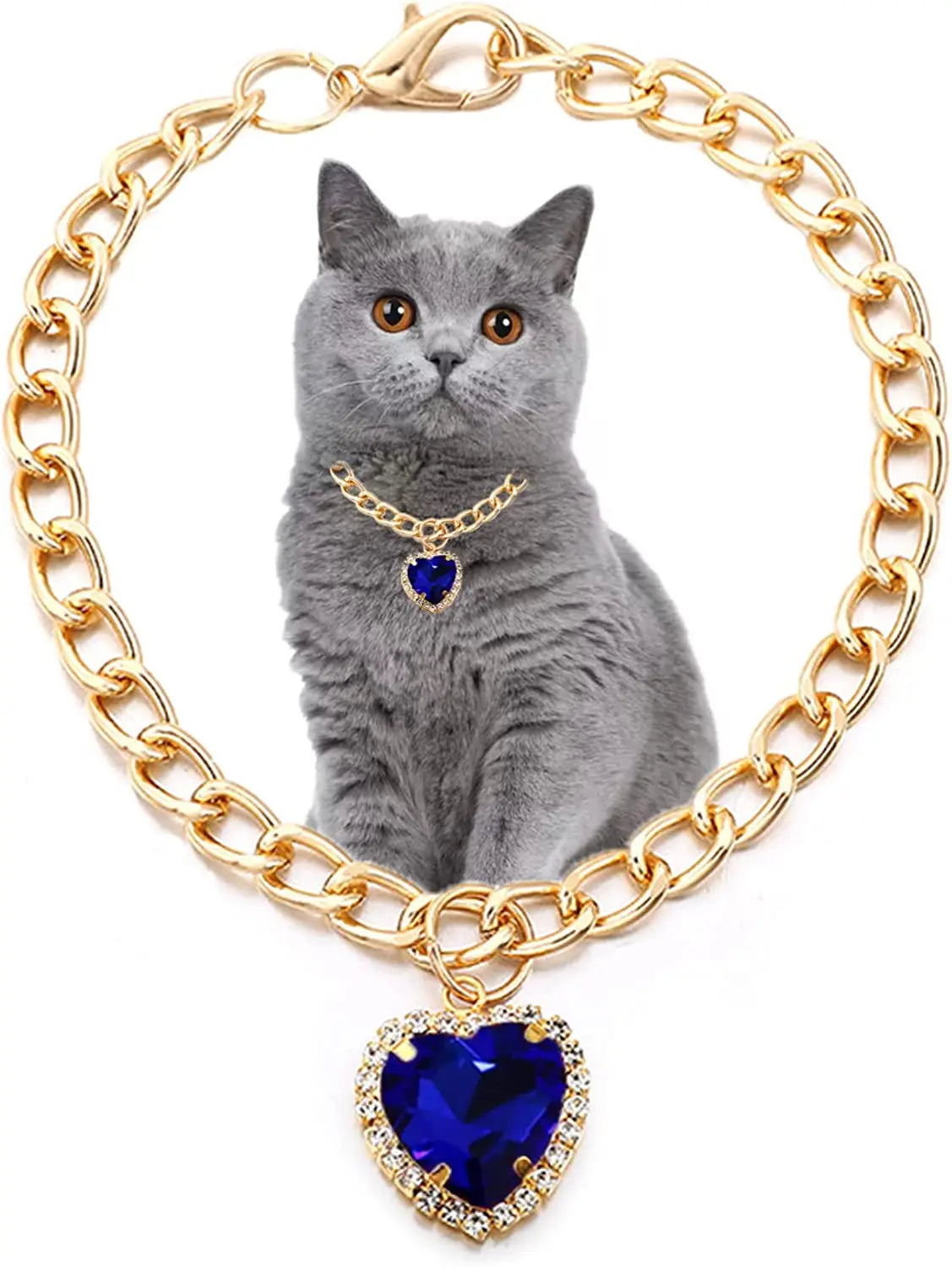 Glamorous Heart Diamond Pendant Cat & Dog Necklace - Elegant Gold Chain Collar for Pets' Special Occasions