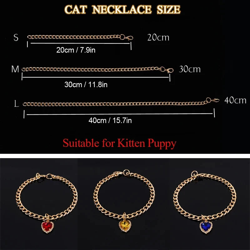 Glamorous Heart Diamond Pendant Cat & Dog Necklace - Elegant Gold Chain Collar for Pets' Special Occasions