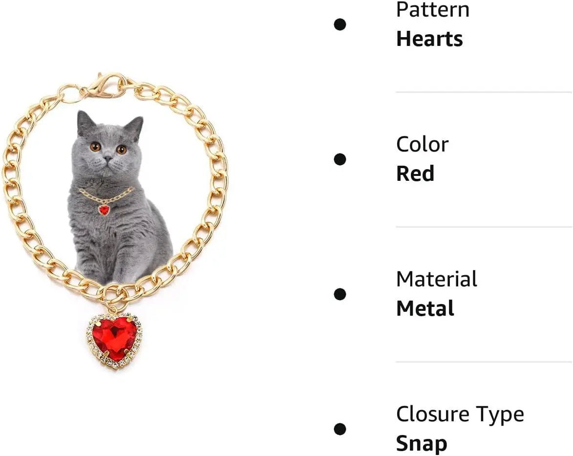 Glamorous Heart Diamond Pendant Cat & Dog Necklace - Elegant Gold Chain Collar for Pets' Special Occasions