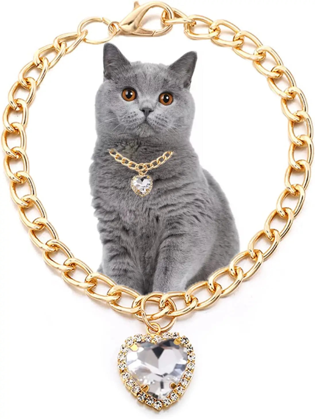 Glamorous Heart Diamond Pendant Cat & Dog Necklace - Elegant Gold Chain Collar for Pets' Special Occasions