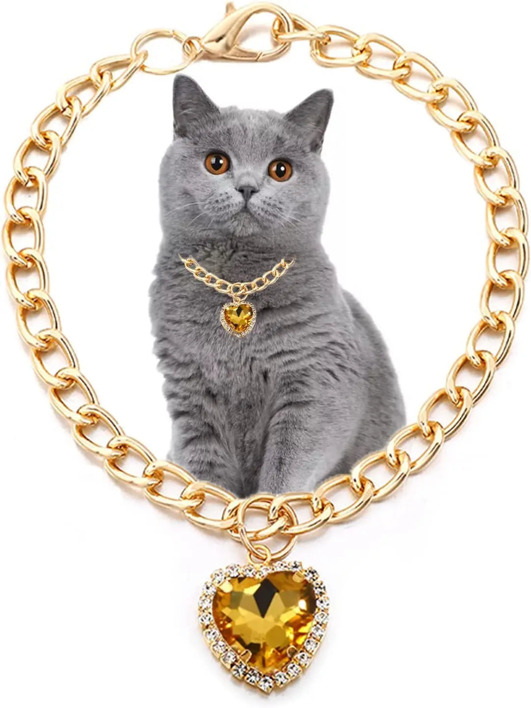 Glamorous Heart Diamond Pendant Cat & Dog Necklace - Elegant Gold Chain Collar for Pets' Special Occasions