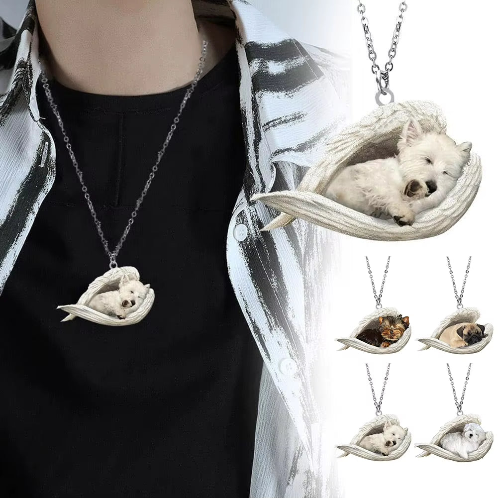 Adorable Sleeping Dog Angel Wings Necklace 